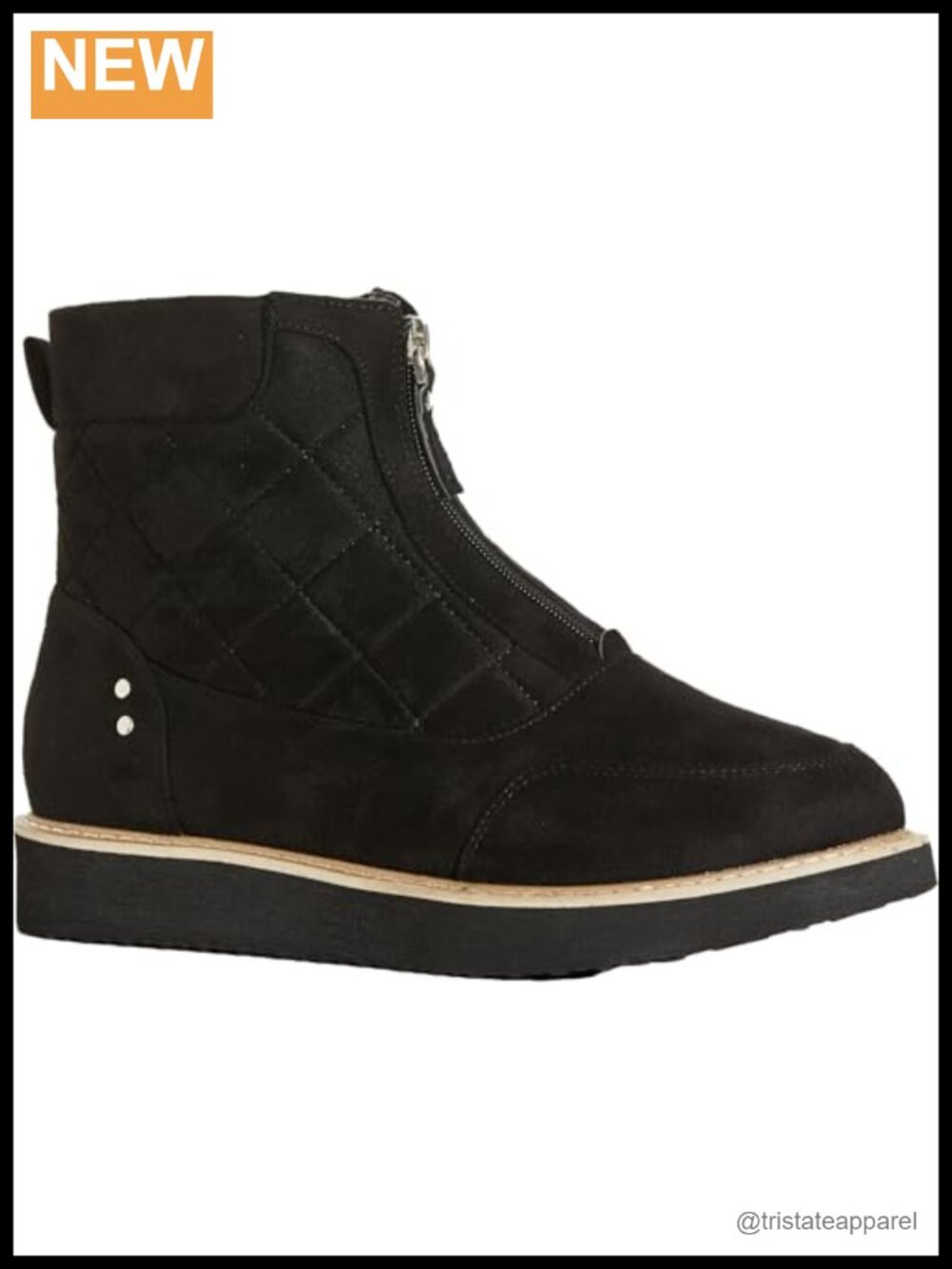 Wide Fit Quilted Faux Suede Ankle Boots with Front Zip and Block Heel
